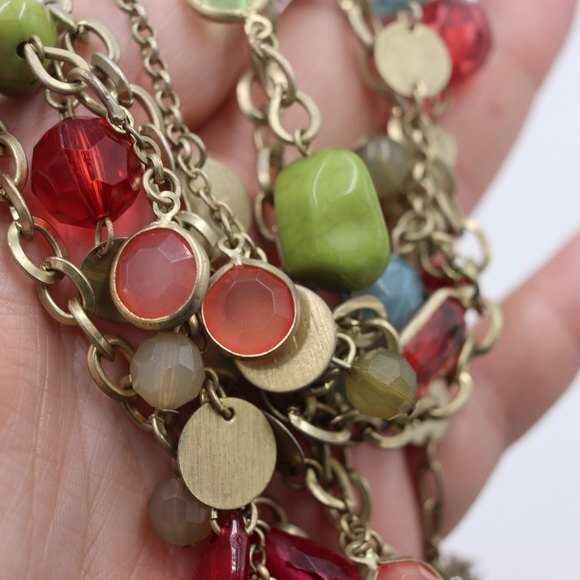 Multi-Strand Colorful Chain Boho Statement Necklace with Stones & Rhinestones - Picture 6 of 10
